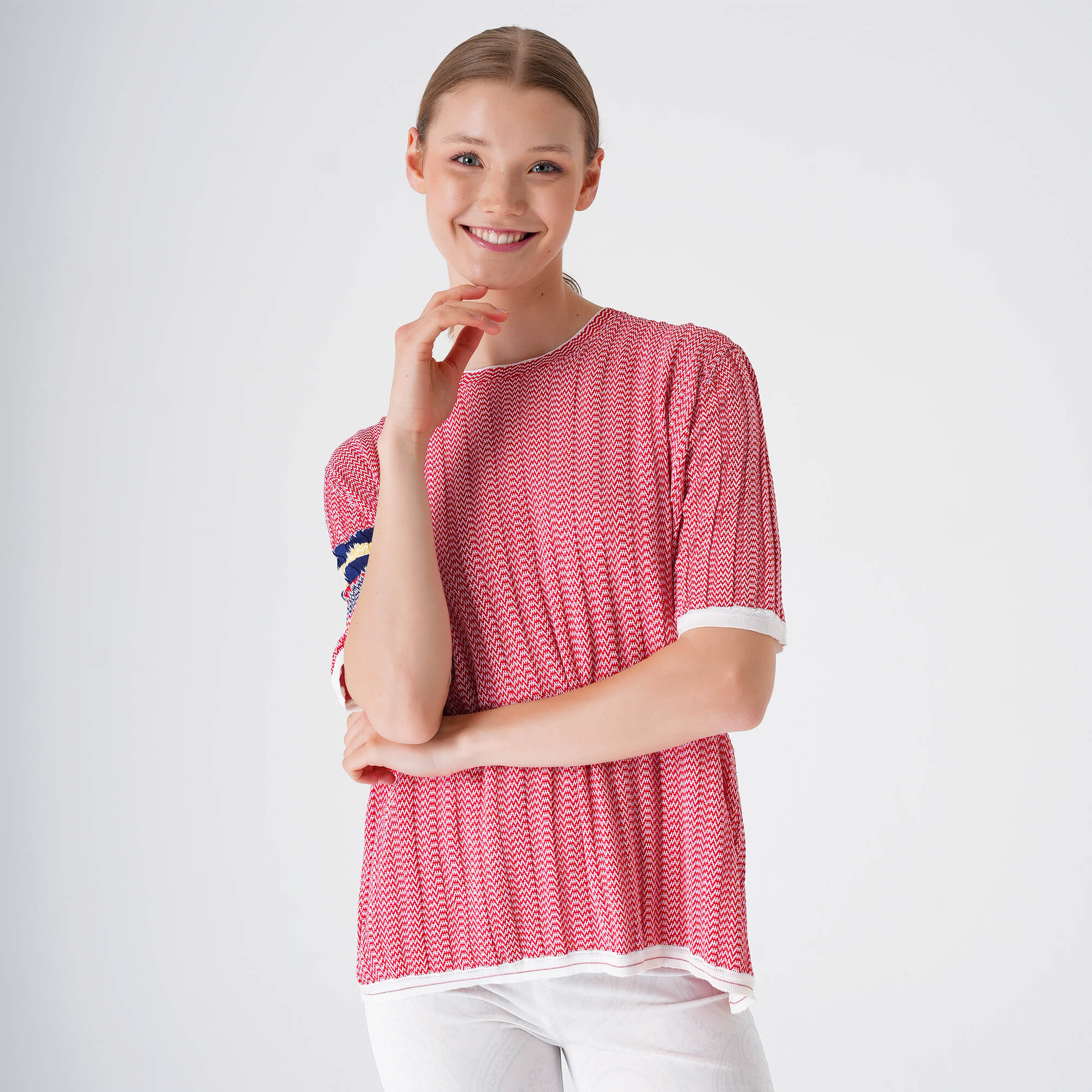 Celine - Red & White Striped Zigzag Viscose T-shirt